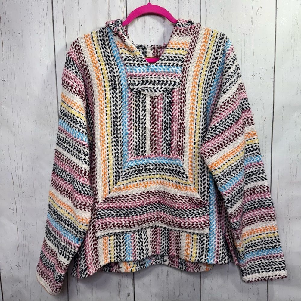 Baja Joe Multicolor Baja Hoodie M Boho Surf Hippie Mexican Pullover Festival